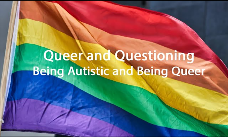 Queer and Questioning title on a rainbox flag