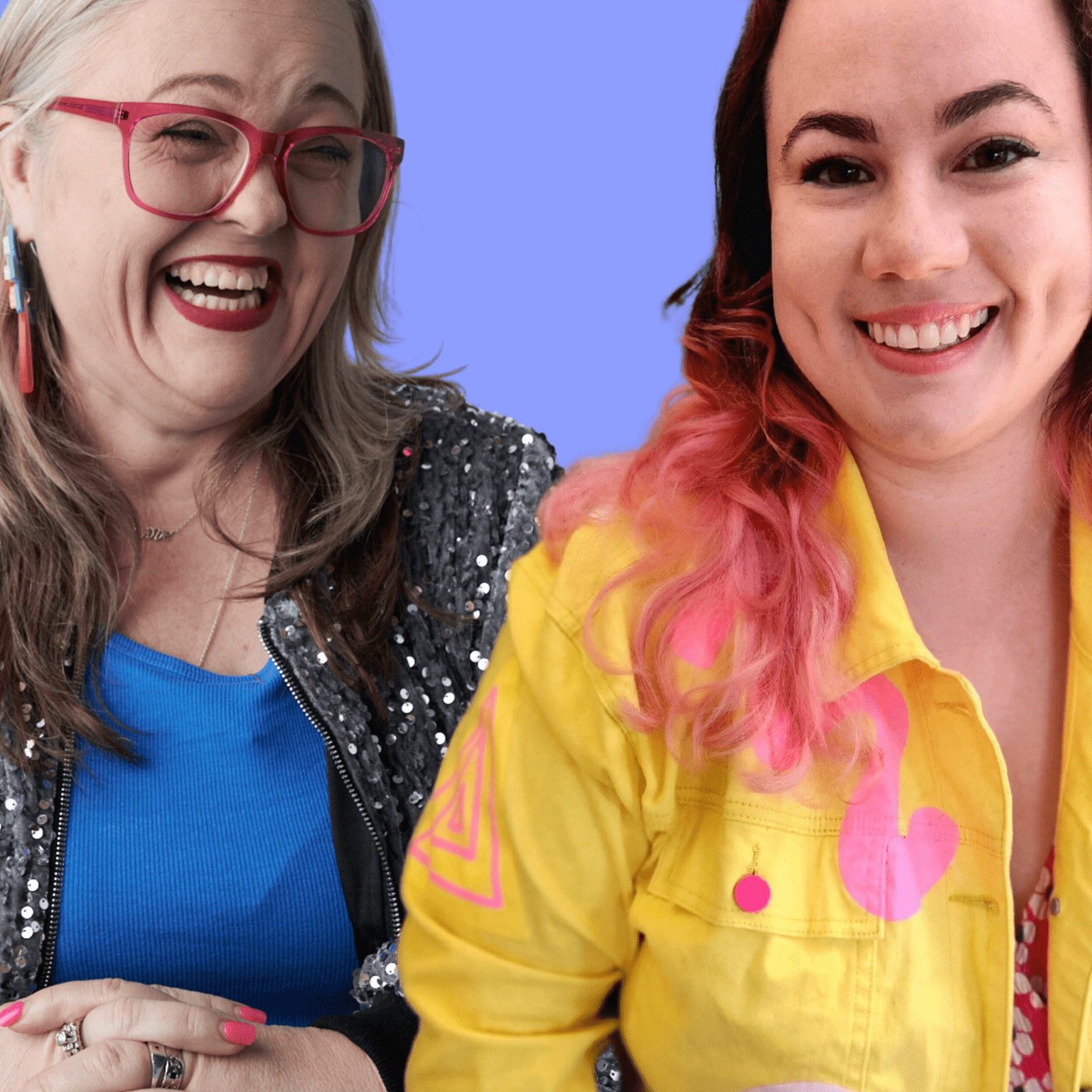 blonde autistic woman in blue top laughing and looking at autistic woman with brown and pink hair in yellow top talking about social hubs for autistic youth