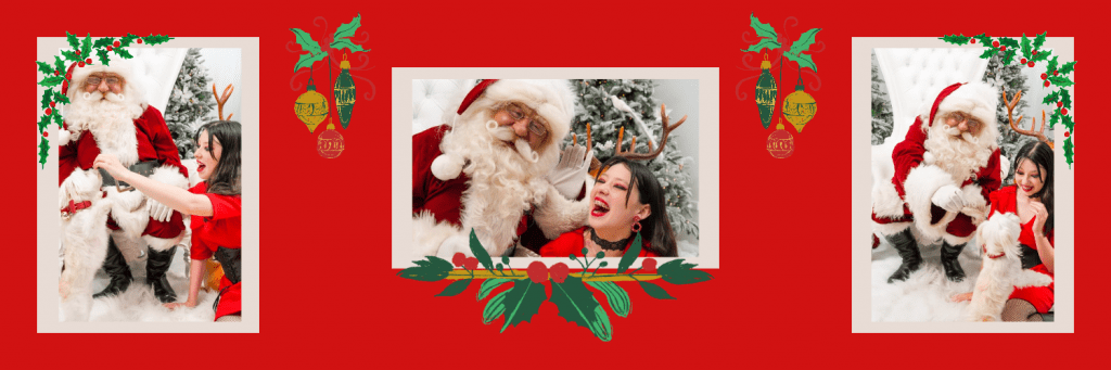 Veronika in 3 images with Santa and her small dog during her Autism Friendly Santa Photos