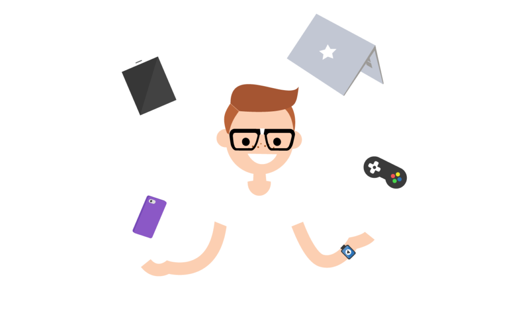 Boy juggling electronic devices